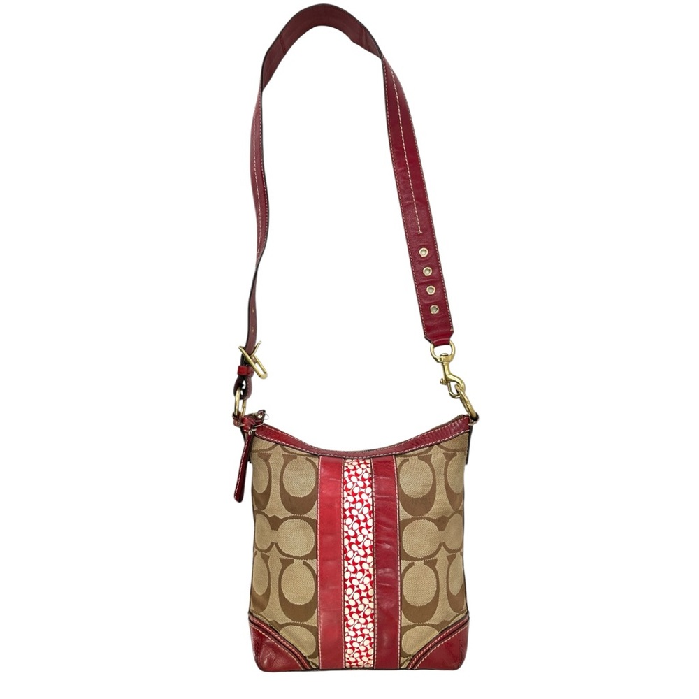 Vintage Coach Hampton Brown Gray Red Monogram Print Zip Closure Shoulder Bag